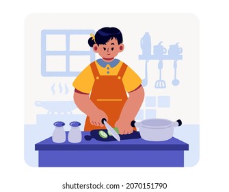 Vector illustration flat design of woman happy cooking slicing cucumber in the kitchen