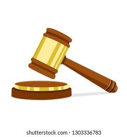 Vector Illustration In Flat Design Wooden Judge Hammer Of The Chairman For Adjudication Of Sentences And Bills. Legal Law And Auction Symbol. Used To Sentence Tax Dispute Cases