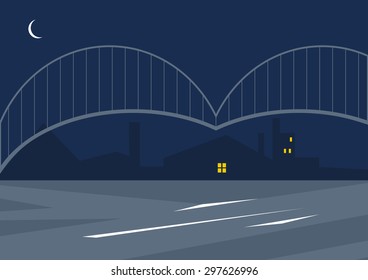 Vector illustration of flat designed Night landscape with bridge and houses. Can be used as flyer, cover, business cards, envelope, and brochure background.