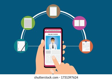 Vector illustration flat design.Hand holding mobile phone with online learning in the screen.