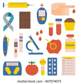 Vector illustration with flat diabetes icons: glucometer, hand with blood, medicament, sweets, diabetes emblem. Self-control sugar level measurement. Vector blood glucose test. Health care equipment