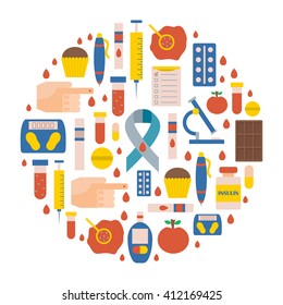 Vector illustration with flat diabetes icons: glucometer, hand with blood, medicament, sweets, diabetes emblem. Self-control sugar level measurement. Vector blood glucose test. Health care equipment