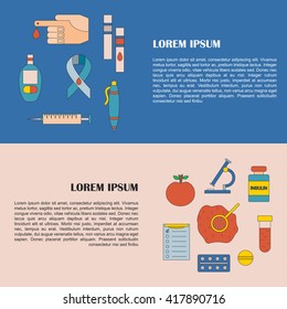 Vector illustration with flat diabetes icons: glucometer, hand with blood, medicament, sweets, diabetes emblem. Self-control sugar level measurement. Vector blood glucose test. Health care equipment