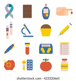 Vector illustration with flat diabetes icons: glucometer, hand with blood, medicament, sweets, diabetes emblem. Self-control sugar level measurement. Vector blood glucose test. Health care equipment