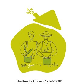 Vector illustration in flat doodle style. Keep calm and stay at home motivational poster.
Couple seeding, planting houseplants and sprouts seedling in pots with soil.