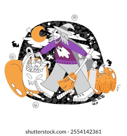 Vector illustration in flat and doodle style on Halloween theme. Image of a girl or a guy with a broom and in a hat, with pumpkins, bats and ghosts.