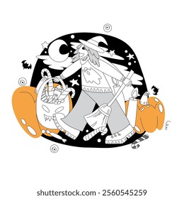 Vector illustration in flat and doodle style on Halloween theme. Image of a girl or a guy with a broom and in a hat, with pumpkins, bats and ghosts.