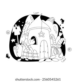 Vector illustration in flat and doodle style on Halloween theme. Image of a girl or a guy with a broom and in a hat, with pumpkins, bats and ghosts.