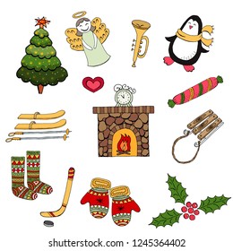 Vector illustration of flat doodles. Christmas isolated pictures.