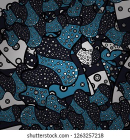 Vector illustration. Flat doodles. Cute fabric pattern. Seamless Print. Design. Elements gray, blue and black on colors.