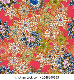 Vector illustration. Flat doodles. Seamless Print. Elements orange, neutral and pink on colors. Cute fabric pattern. Design.