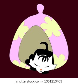 Vector illustration, flat drawing of a cartoon little sleeper in pink with flowers a house of a black kitten with a white muzzle. Print for children's clothes, books