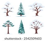 Vector illustration in a flat drawing style shows six different trees covered in snow. Spruce, pine, apple tree, oak. The trees vary in shape and type, including coniferous and deciduous trees