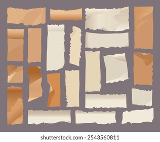 Vector illustration in a flat drawing style shows a collection of torn paper pieces in various shades of beige and brown. The torn edges and different sizes add a textured, realistic effect