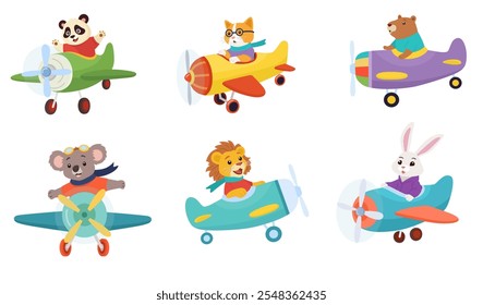 La Ilustración vectorial en un estilo plano muestra seis animales diferentes pilotando aviones coloridos. Ilustración de dibujos animados. Los animales incluyen un panda, gato, capibara, koala, león y conejo, cada uno en 