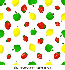 Vector illustration of a flat drawn style - strawberry, lemon, apple - draw simple figures. Seamles pattern.
