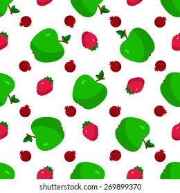 Vector illustration of a flat drawn style - apple, pomegranate, strawberry - draw simple figures. Seamles pattern.