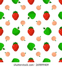 Vector illustration of a flat drawn style - apples, peaches, strawberries - draw simple figures. Seamless pattern.