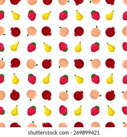 Vector illustration of a flat drawn style - raspberry, lemon, pear, pomegranate, peach - draw simple figures. Seamless pattern.