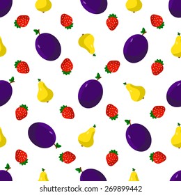 Vector illustration of a flat drawn style - plums, pears, strawberries - draw simple figures. Seamless pattern.