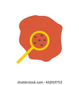 Vector illustration with flat drop of blood with magnifier. Red flat vector icon on white background. Medical exams, tests, science biology research. Microscopic organisms in blood concept