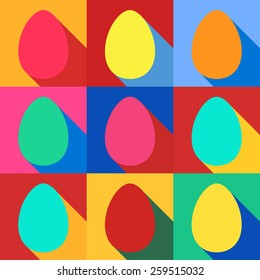 Vector illustration: flat Easter holiday seamless background with bright pop art eggs