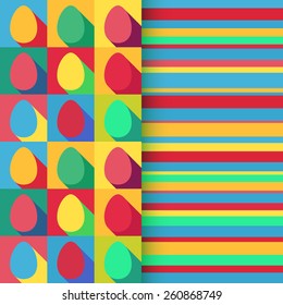 Vector illustration: flat Easter holiday seamless background with pop art eggs and stripes in bright colors