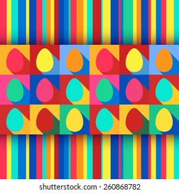 Vector illustration: flat Easter holiday seamless background with pop art eggs and stripes in bright colors