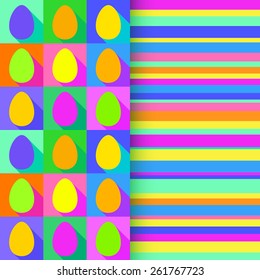 Vector illustration: flat Easter holiday seamless background with pop art eggs and stripes in bright colors