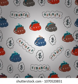 Vector illustration. Flat elements on blue, pink and white background. Icons for business, management, finance, strategy, marketing. Seamless pattern Business icons set.
