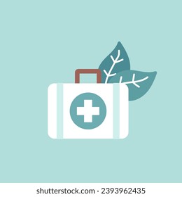 Vector illustration with flat emergency bag for first aid. White case with two green plant leaves. Symbol of herbal and natural medicine to be healthy. Logo for drugs to care, treatment about plants.