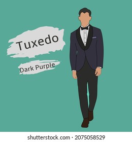 Vector illustration of a flat -faced man in a dark purple tuxedo formal dress.  There is the inscription "Tuxedo Dark Purple".