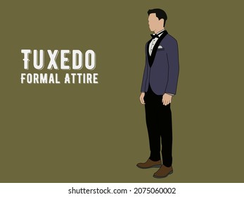 Vector illustration of a flat -faced man in a dark purple tuxedo formal dress.  There is the inscription "Tuxedo Formal Attire".