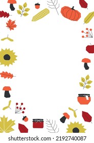 Vector illustration with flat fall elements in frame around. Template with copy space has geometrical symbols of autumn time. Poster is decorated by leaves, berries, jam, pumpkins on white background
