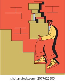 vector illustration of a flat female character carries packages and boxes up the stairs