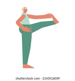 Vector illustration with flat Female character. Sportive young woman learns stretching posture and does extended hand to big toe pose at yoga class. Balancing exercise - Utthita Hasta Padangustas