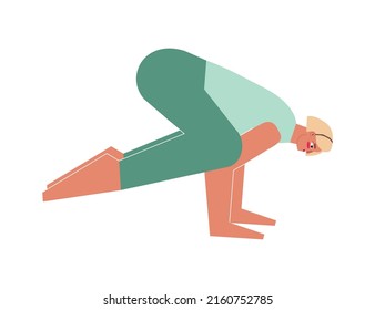 Ilustración vectorial con carácter femenino plano. La deportista aprende a postular Kakasana en clase de yoga. Ejercicio de aptitud para el ejercicio físico - Pose de la fila
