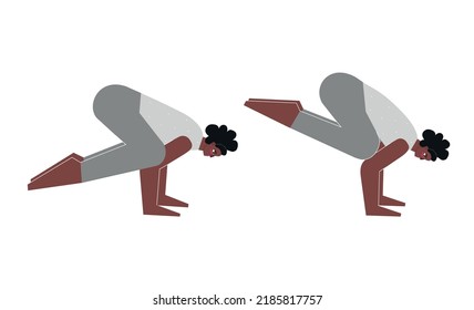Vector illustration with flat female character. African american woman learns posture Kakasana and Bakasana at yoga class. Fitness exercise - Crow and Crane Pose