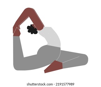 Vector illustration with flat female character. Sportive african american woman learns Hip-Opening posture Eka Pada Rajakapotasana at yoga class. Fitness exercise - One Legged King Pigeon Pose I