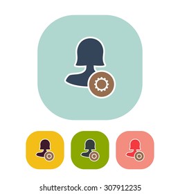 Vector illustration of flat female user with gear sign and web interface icon . Could be used as menu button, user interface element, badge, sign, symbol, company logo, mobile application element