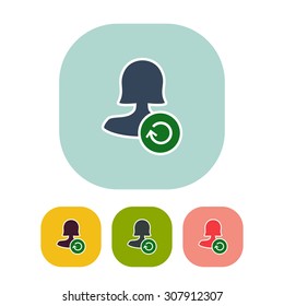 Vector illustration of flat female user with refresh sign and web interface icon . Could be used as menu button, user interface element, badge, sign, symbol, company logo, mobile application element