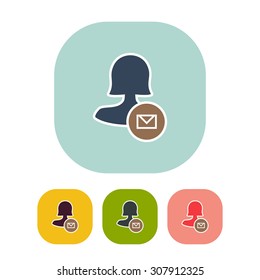 Vector illustration of flat female user send mail action and web interface icon . Could be used as menu button, user interface element, badge, sign, symbol, company logo, mobile application element