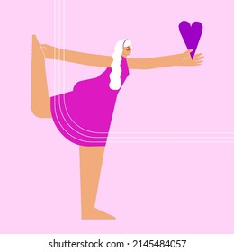 Vector illustration with flat Female young character. Blonde woman does Lord of the Dance Poseand hold heart in hand. Concept is about donations or for Saint Valentines cards