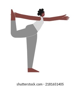 Ilustración vectorial con personaje joven femenino plano. La afroamericana deportiva aprende estirando su postura y hace el Señor de la Danza en la clase de yoga. Ejercicio de equilibrio - Natarajasana