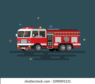 Vector illustration of flat fire engine. Colorful illustration.