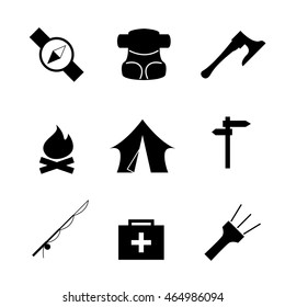 vector illustration of flat. fishing rod, tent, campfire, flashlight, backpack, compass, pointer, first aid kit, axe