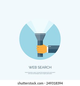 Vector illustration. Flat flashlight and hand. Web search concept background.