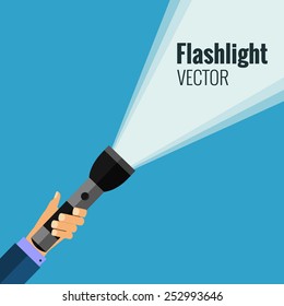 Vector illustration. Flat flashlight and hand. Web search concept background.