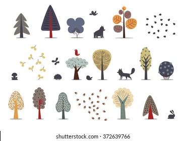 The vector illustration of flat forest elements - various trees, wild animals and seeds.
