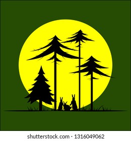 Vector illustration: flat forest landscape at sunset, pine and rabbit silhouette. Full moon.